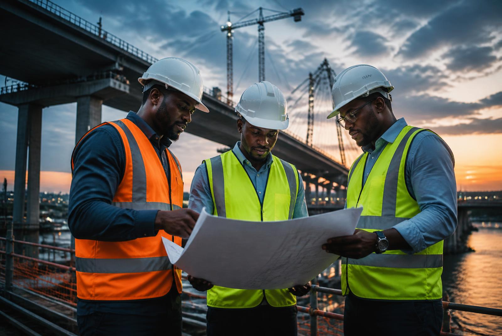 ROTDEJ engineers reviewing drawings at a bridge construction site